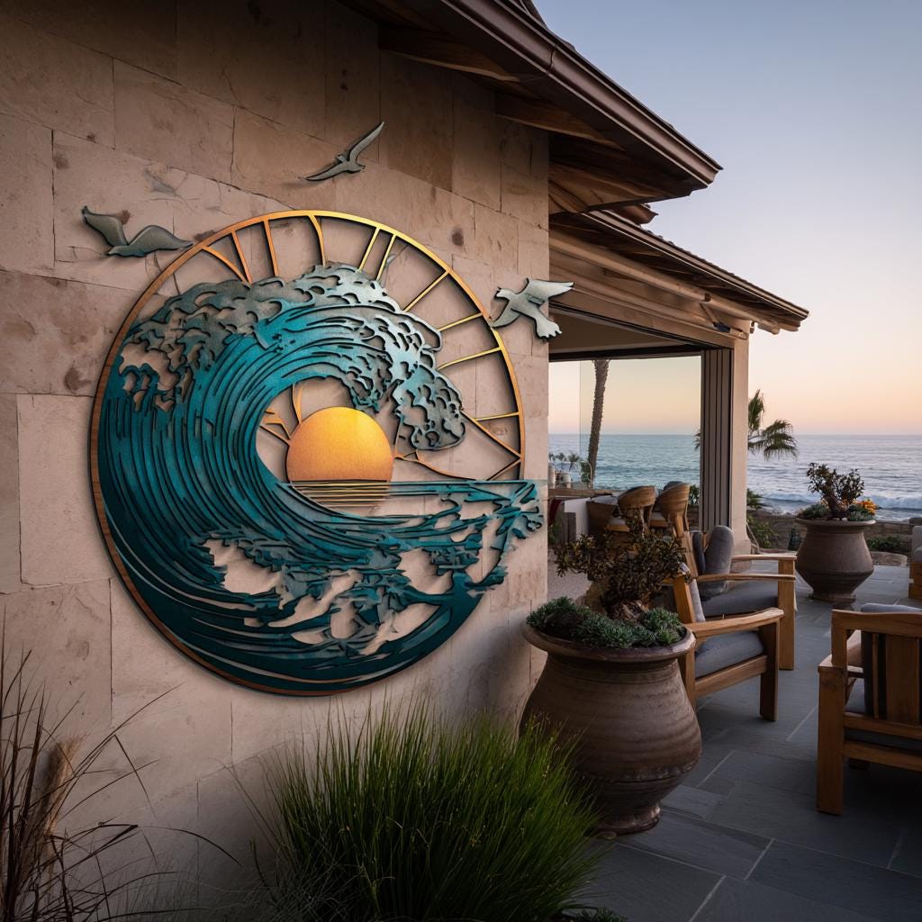 Ocean Wave Sun Metal Art, Coastal Beach House Decor, UV Printed Aluminum Sign