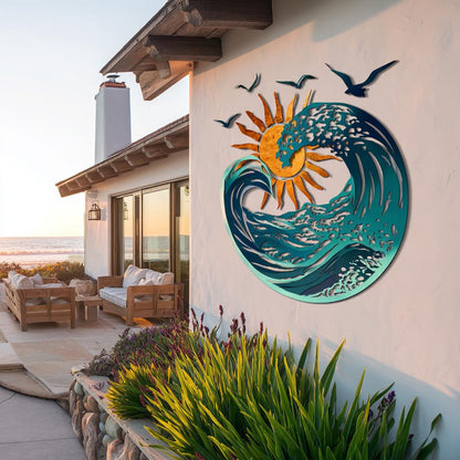 Ocean Wave Sun Metal Art, Coastal Beach House Decor, UV Printed Aluminum Sign