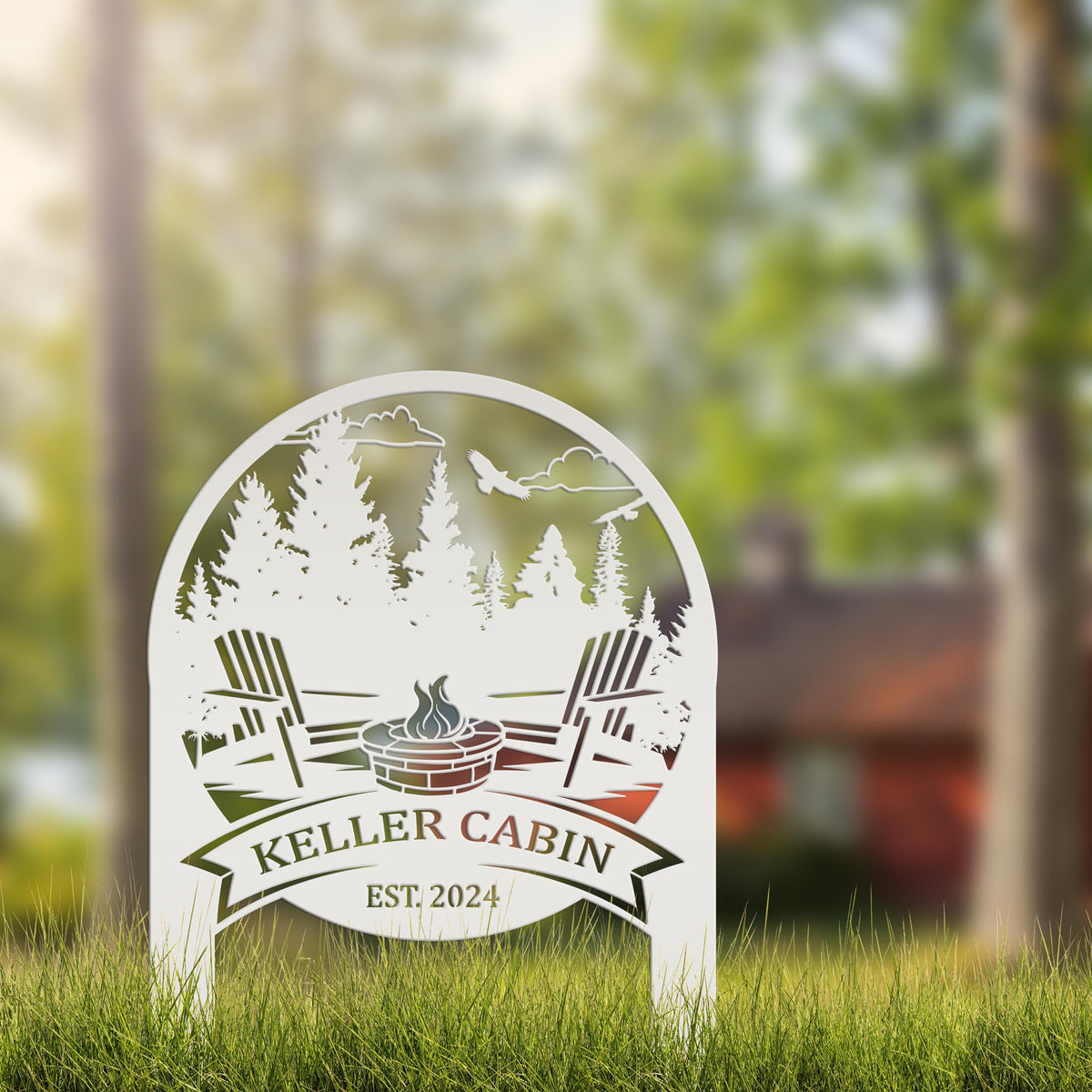 Family Name Firepit Scene Yard Stake - Rustic Personalized Camping Decor, great way to display your camp lot number or address!