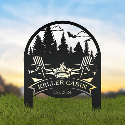 Family Name Firepit Scene Yard Stake - Rustic Personalized Camping Decor, great way to display your camp lot number or address!