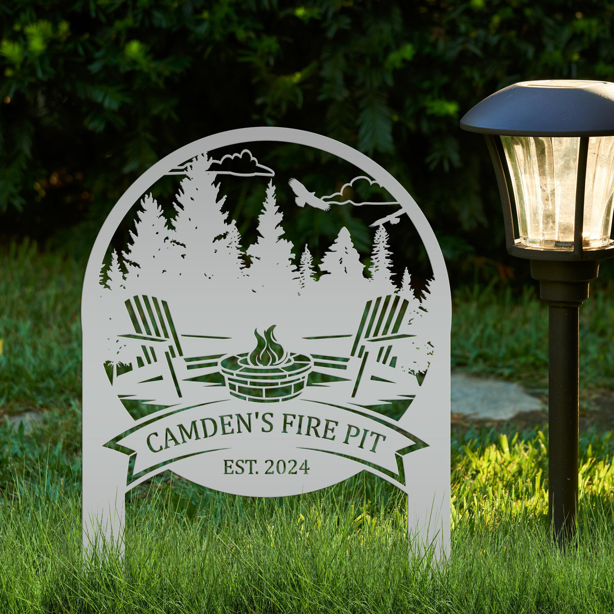 Family Name Firepit Scene Yard Stake - Rustic Personalized Camping Decor, great way to display your camp lot number or address!