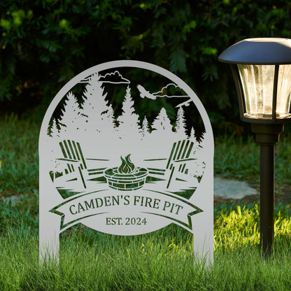 Family Name Firepit Scene Yard Stake - Rustic Personalized Camping Decor, great way to display your camp lot number or address!
