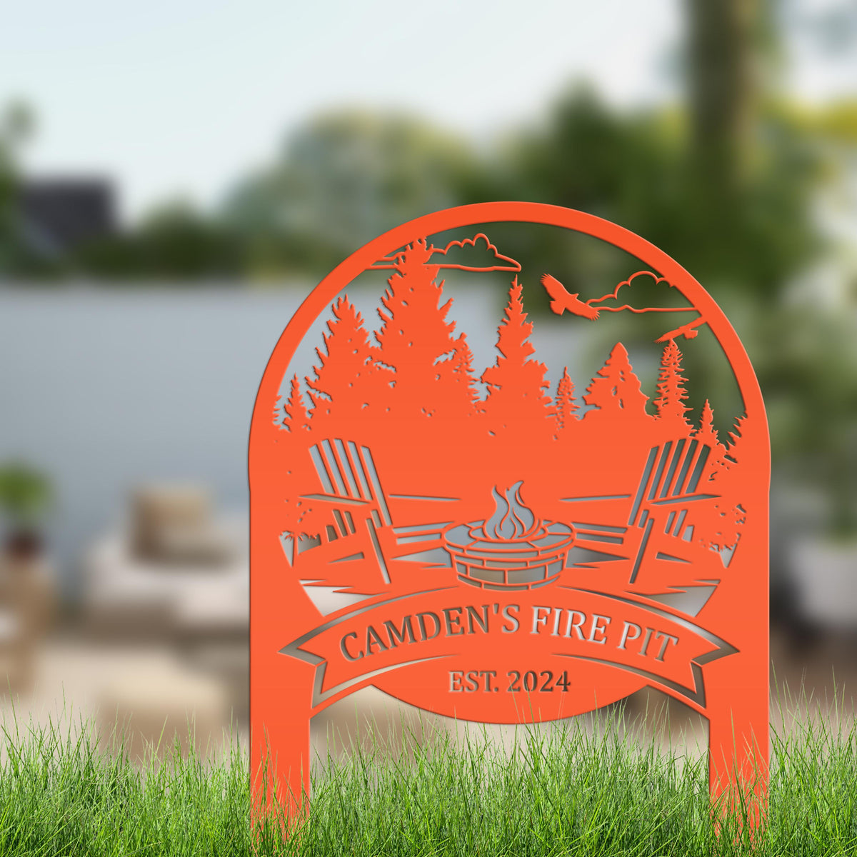 Family Name Firepit Scene Yard Stake - Rustic Personalized Camping Decor, great way to display your camp lot number or address!