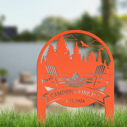 Family Name Firepit Scene Yard Stake - Rustic Personalized Camping Decor, great way to display your camp lot number or address!