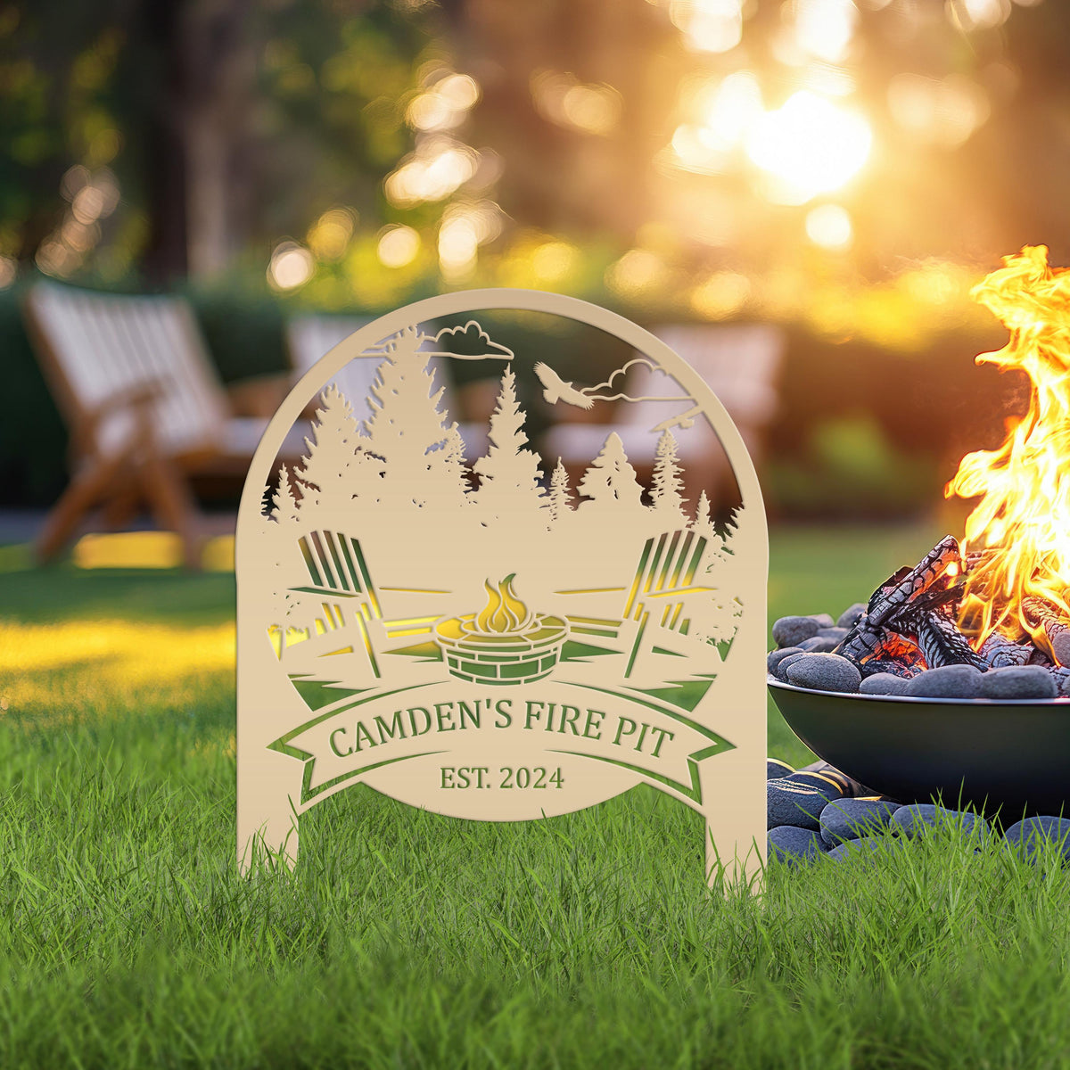 Family Name Firepit Scene Yard Stake - Rustic Personalized Camping Decor, great way to display your camp lot number or address!