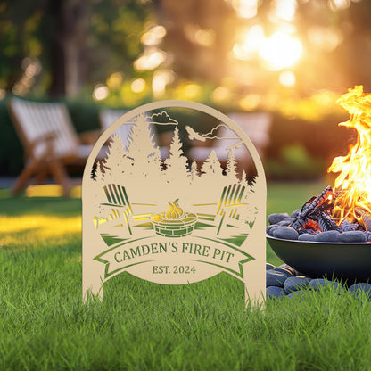 Family Name Firepit Scene Yard Stake - Rustic Personalized Camping Decor, great way to display your camp lot number or address!