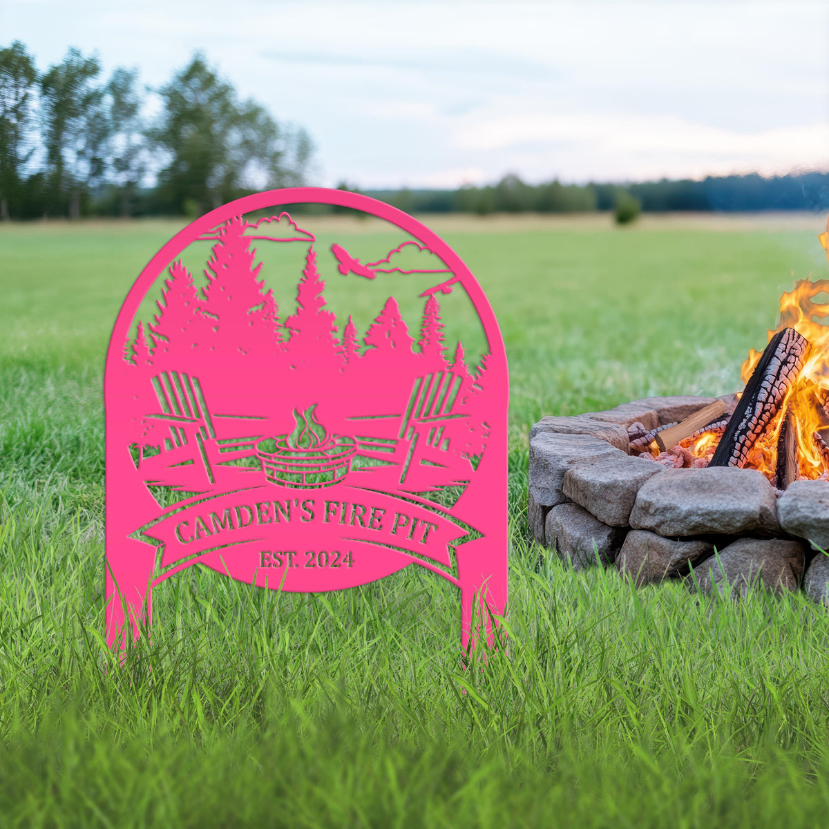 Family Name Firepit Scene Yard Stake - Rustic Personalized Camping Decor, great way to display your camp lot number or address!