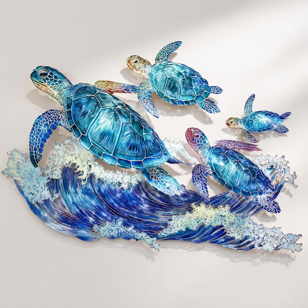 UV Printed Aluminum Sea Turtle Family Wall Art, Coastal Ocean Decor