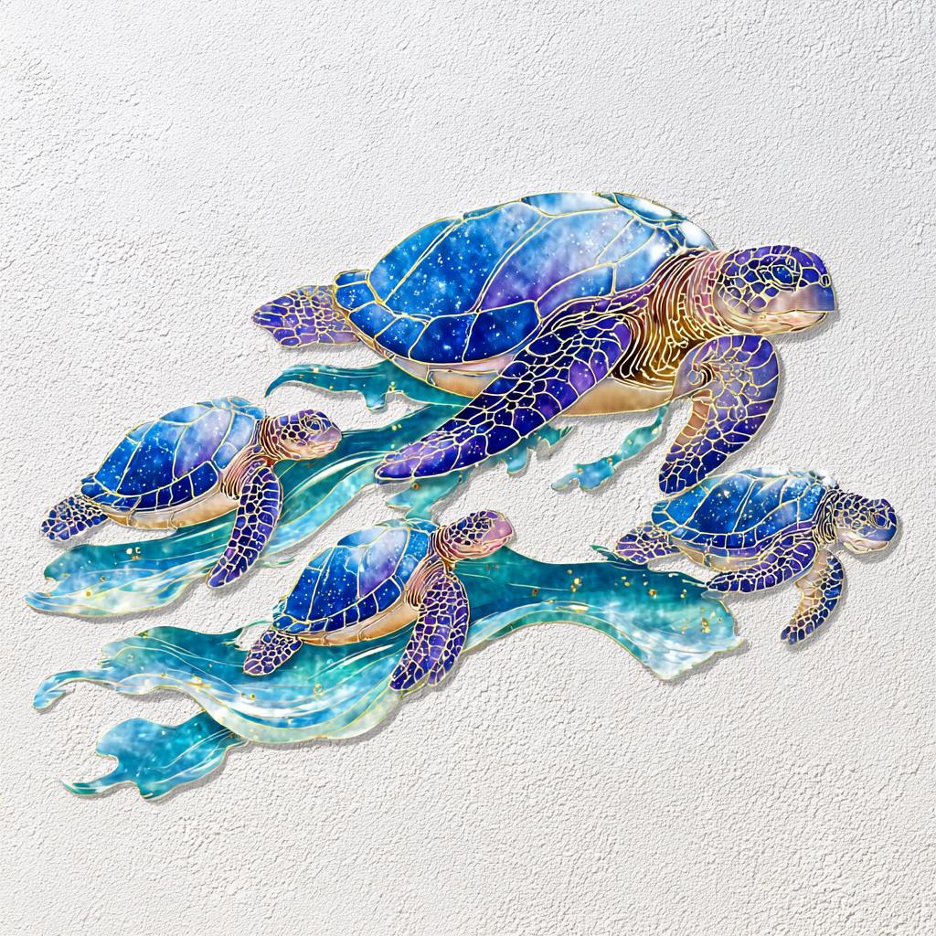 UV Printed Aluminum Sea Turtle Family Wall Art, Coastal Ocean Decor
