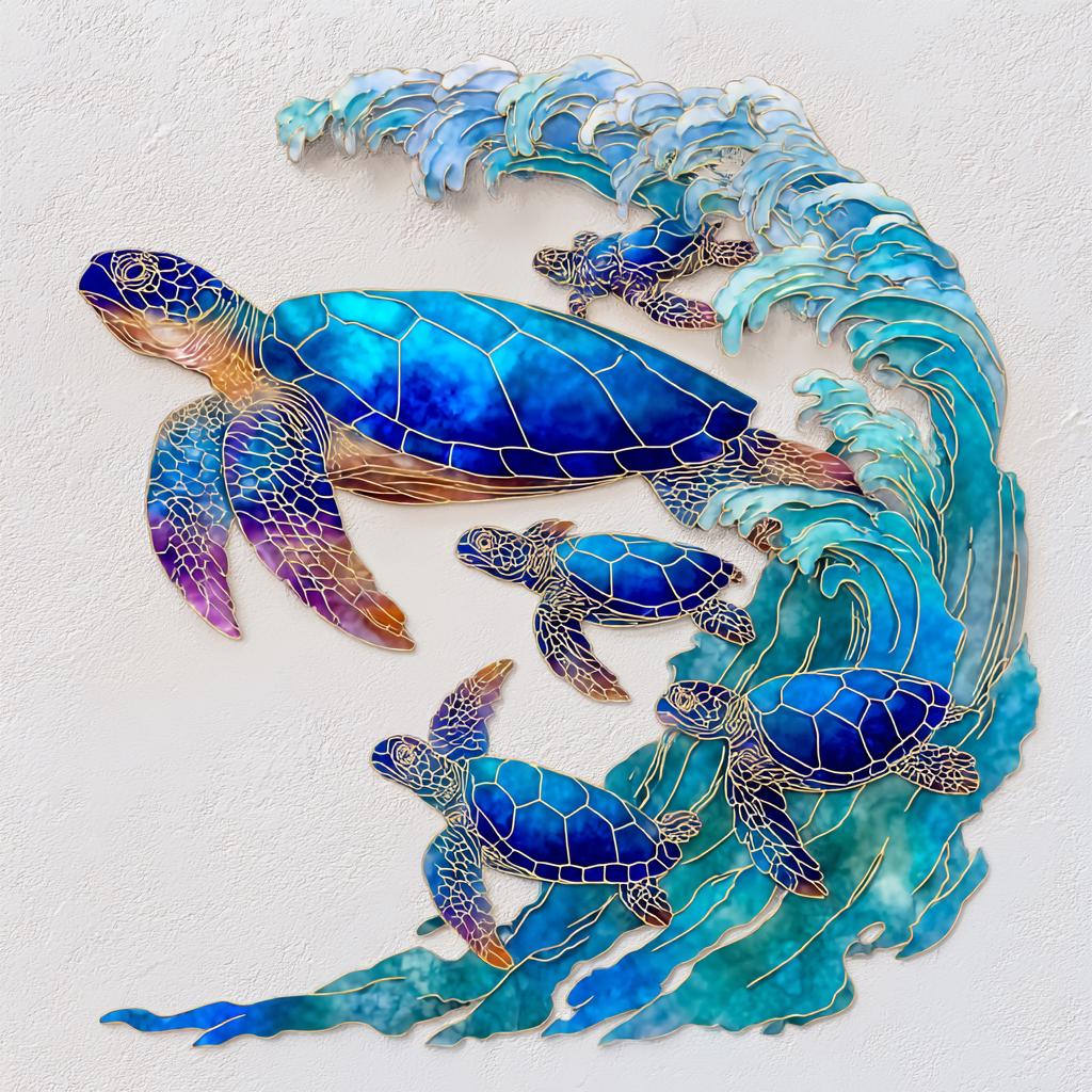 UV Printed Aluminum Sea Turtle Family Wall Art, Coastal Ocean Decor