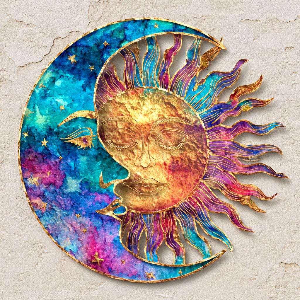 Celestial Sun Moon Metal Wall Art, Boho Garden Sign, UV Printed Aluminum Decor