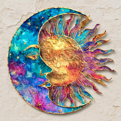 Celestial Sun Moon Metal Wall Art, Boho Garden Sign, UV Printed Aluminum Decor