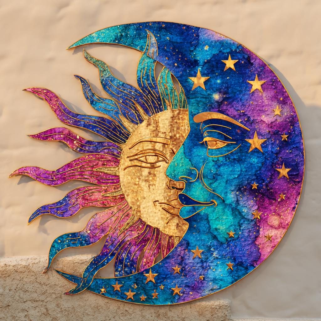 Celestial Sun Moon Metal Wall Art, Boho Garden Sign, UV Printed Aluminum Decor