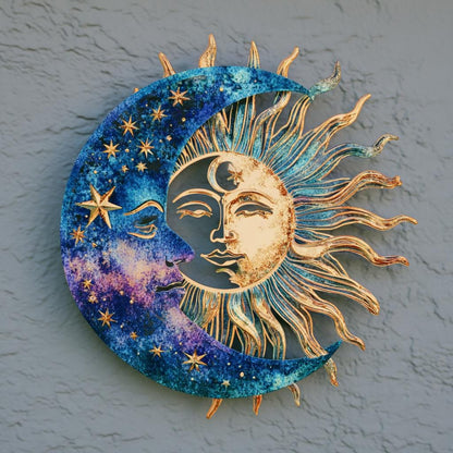 Celestial Sun Moon Metal Wall Art, Boho Garden Sign, UV Printed Aluminum Decor