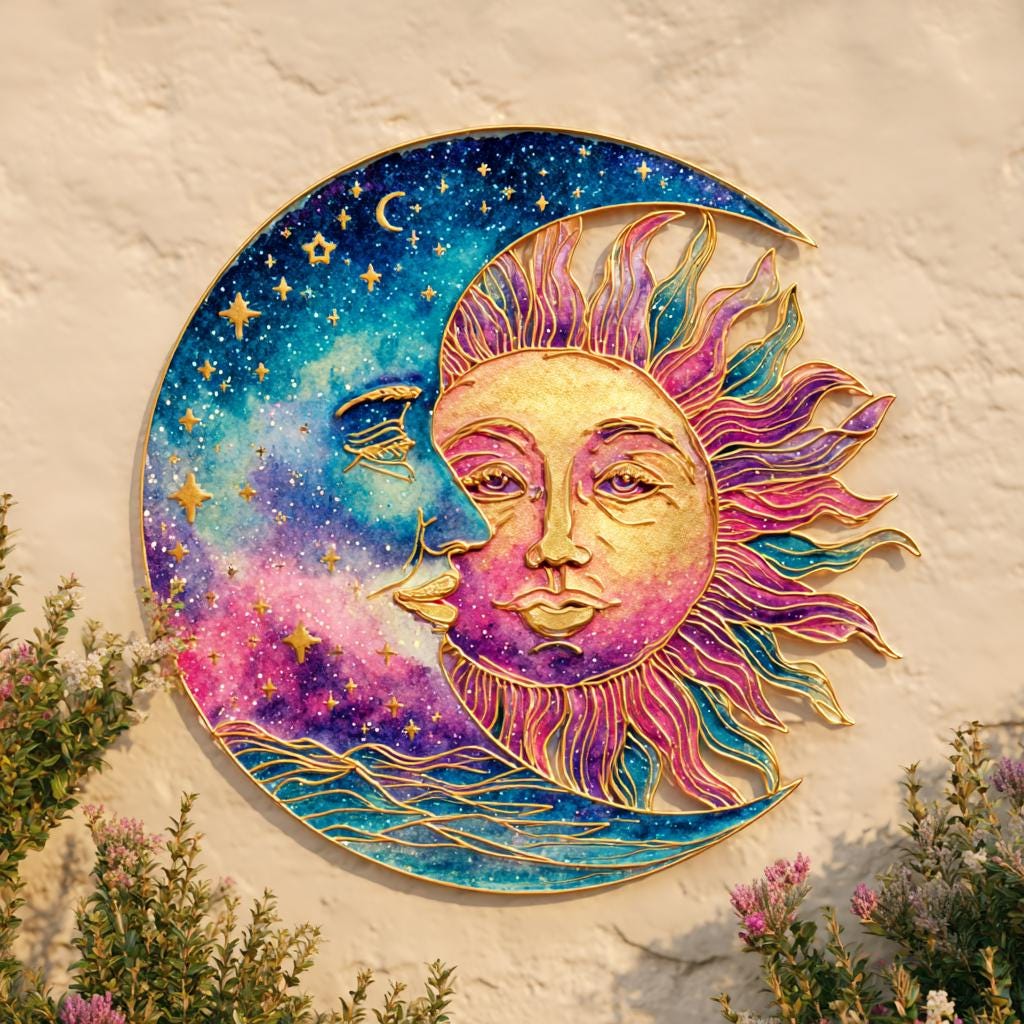 Celestial Sun Moon Metal Wall Art, Boho Garden Sign, UV Printed Aluminum Decor