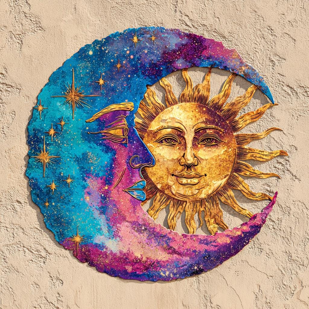 Celestial Sun Moon Metal Wall Art, Boho Garden Sign, UV Printed Aluminum Decor