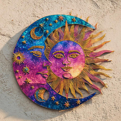 Celestial Sun Moon Metal Wall Art, Boho Garden Sign, UV Printed Aluminum Decor