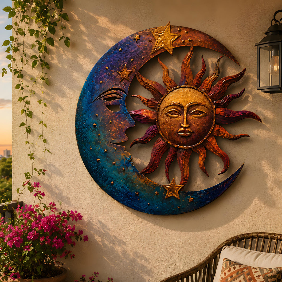 Celestial Sun Moon Metal Wall Art, Boho Garden Sign, UV Printed Aluminum Decor