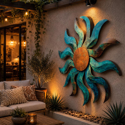 UV Printed Aluminum Sun Metal Wall Art, Boho Patio Hanging, Turquoise Orange Garden Sign