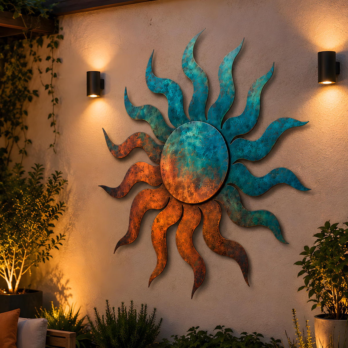 UV Printed Aluminum Sun Metal Wall Art, Boho Patio Hanging, Turquoise Orange Garden Sign