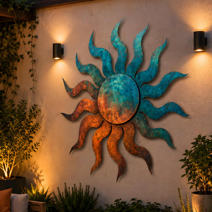 UV Printed Aluminum Sun Metal Wall Art, Boho Patio Hanging, Turquoise Orange Garden Sign