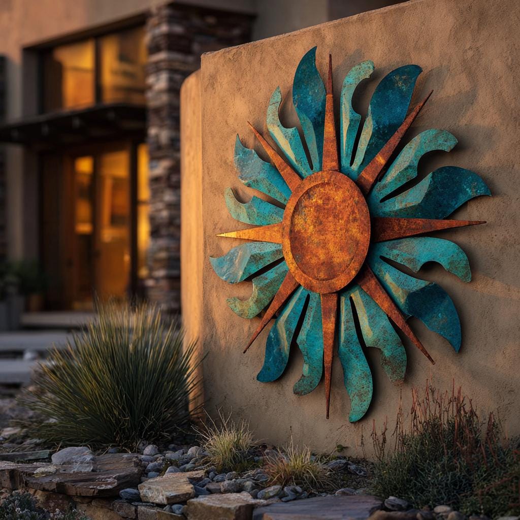 UV Printed Aluminum Sun Metal Wall Art, Boho Patio Hanging, Turquoise Orange Garden Sign