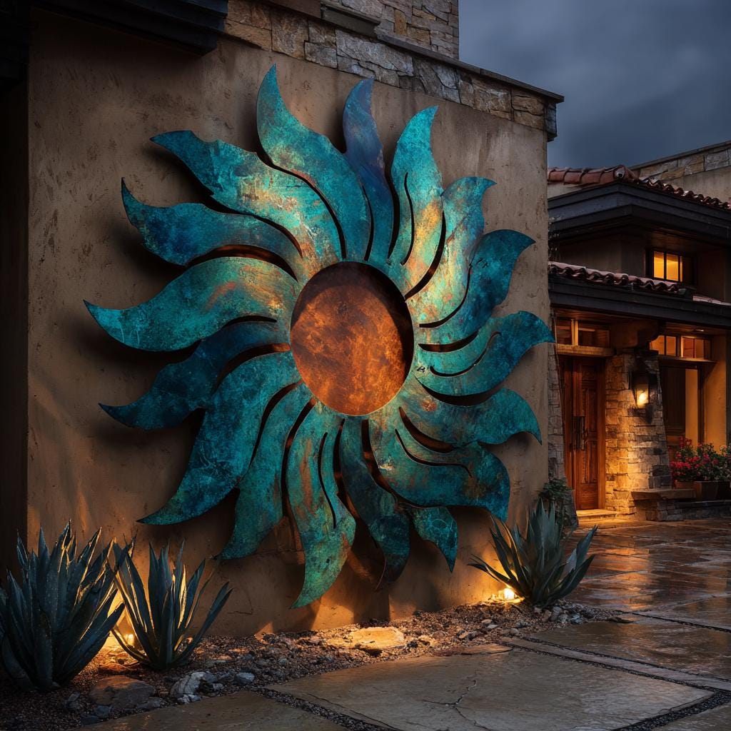 UV Printed Aluminum Sun Metal Wall Art, Boho Patio Hanging, Turquoise Orange Garden Sign