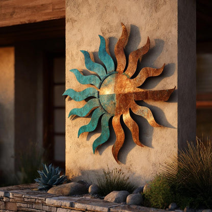 UV Printed Aluminum Sun Metal Wall Art, Boho Patio Hanging, Turquoise Orange Garden Sign