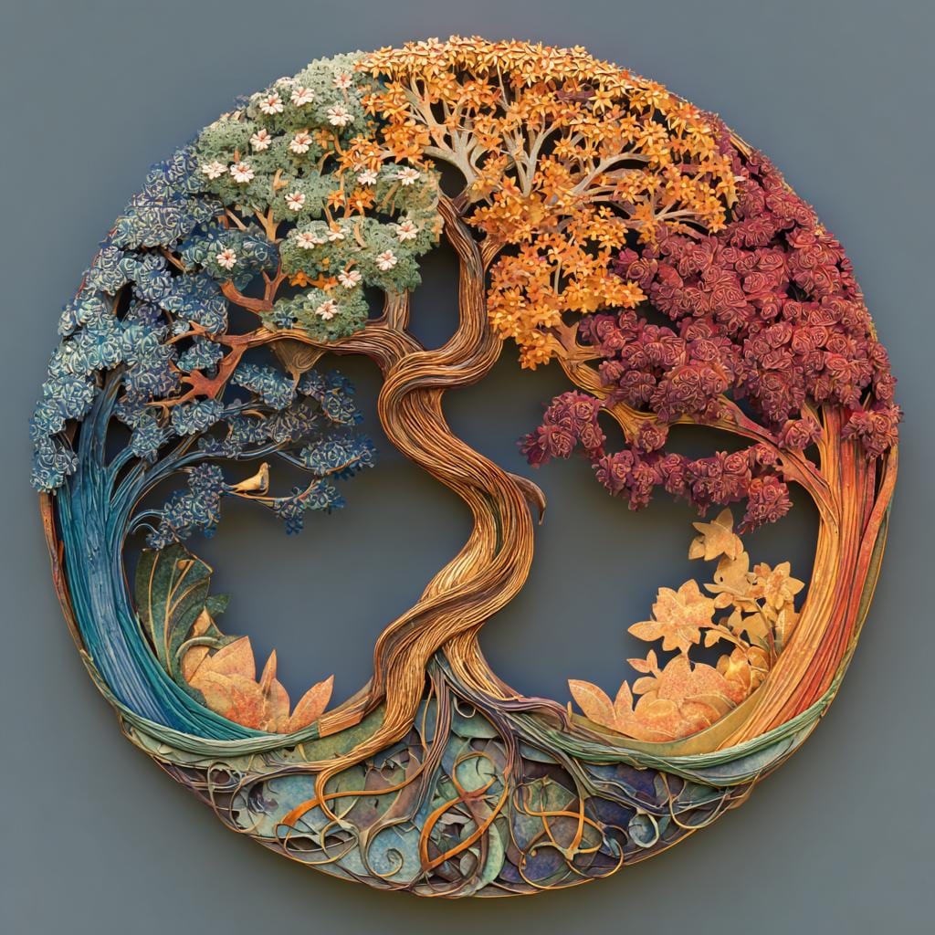 UV Printed Aluminum Four Seasons Tree of Life Metal Wall Art, Celtic Botanical Decor