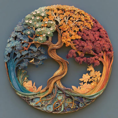 UV Printed Aluminum Four Seasons Tree of Life Metal Wall Art, Celtic Botanical Decor