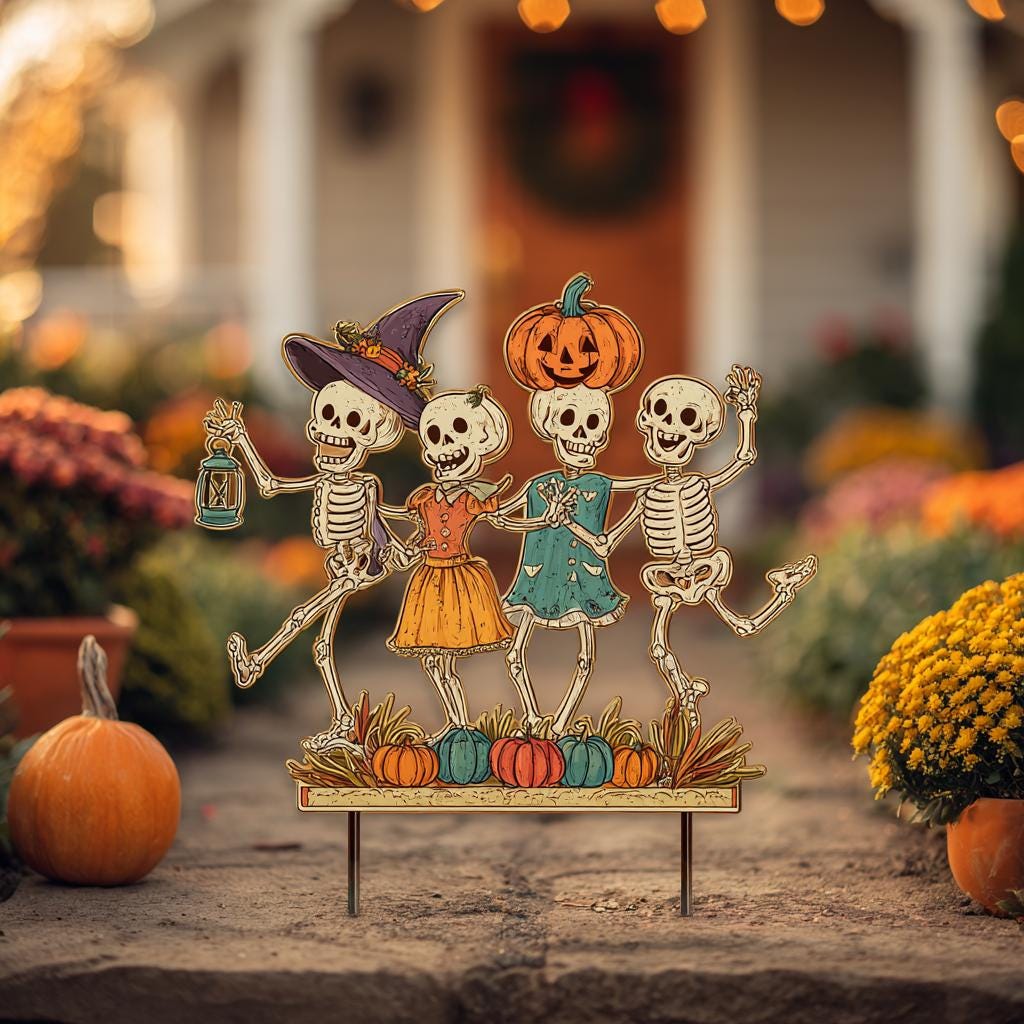 Dancing Skeletons Halloween Garden Stake, UV Printed Aluminum Yard Art