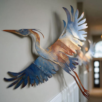 Flying Heron Metal Wall Art, UV Printed Aluminum Bird Decor, Coastal Garden Patio Sign