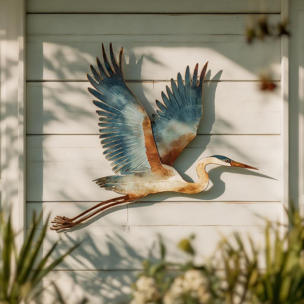Flying Heron Metal Wall Art, UV Printed Aluminum Bird Decor, Coastal Garden Patio Sign