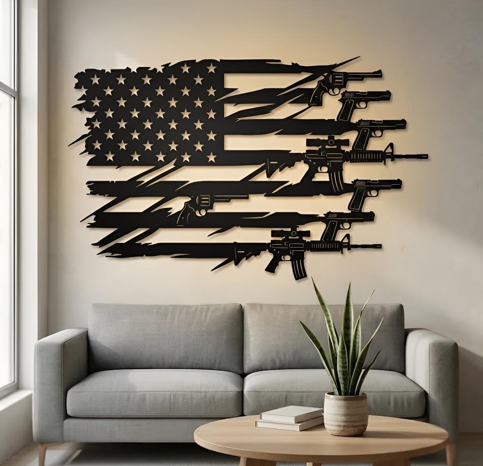 American Flag Firearm Metal Sign, LED Gun Wall Decor For Veteran, Dad Gift Or Home Office