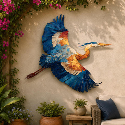 Flying Heron Metal Wall Art, UV Printed Aluminum Bird Decor, Coastal Garden Patio Sign