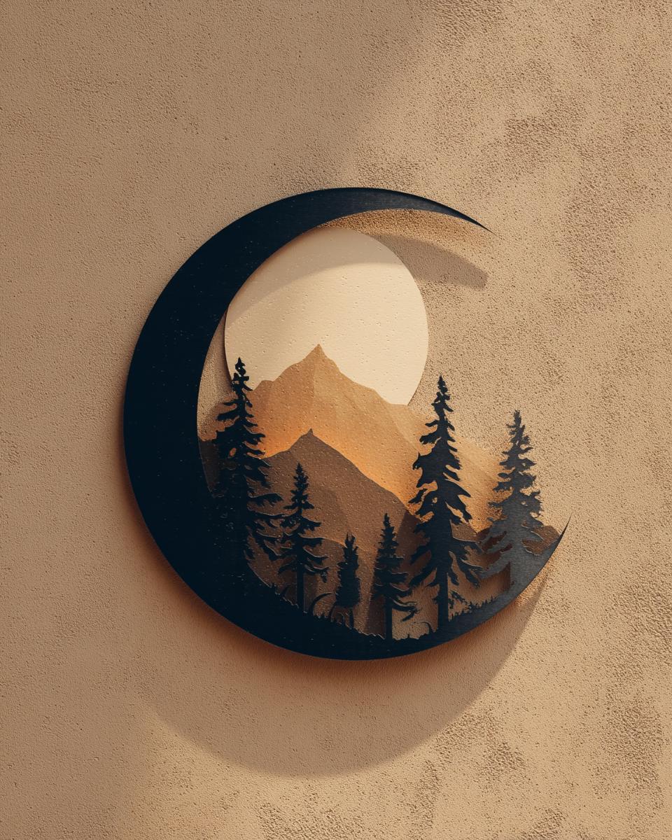 Moon Mountain Metal Art, Crescent Forest Scene, UV Printed Aluminum Wall Decor