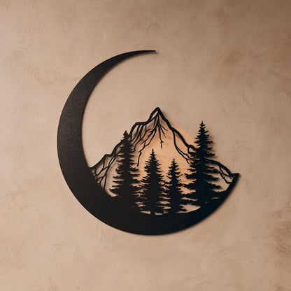 Moon Mountain Metal Art, Crescent Forest Scene, UV Printed Aluminum Wall Decor