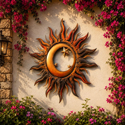 Celestial Sun Moon Metal Wall Art, Rustic Boho Garden Decor, UV Printed Aluminum Sculpture