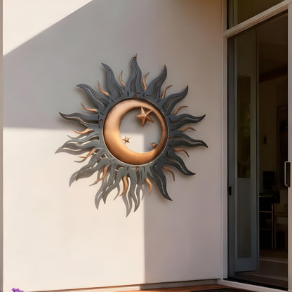 Celestial Sun Moon Metal Wall Art, Rustic Boho Garden Decor, UV Printed Aluminum Sculpture