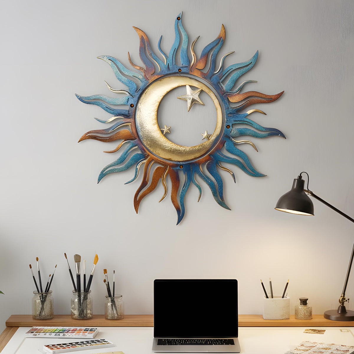 Celestial Sun Moon Metal Wall Art, Rustic Boho Garden Decor, UV Printed Aluminum Sculpture