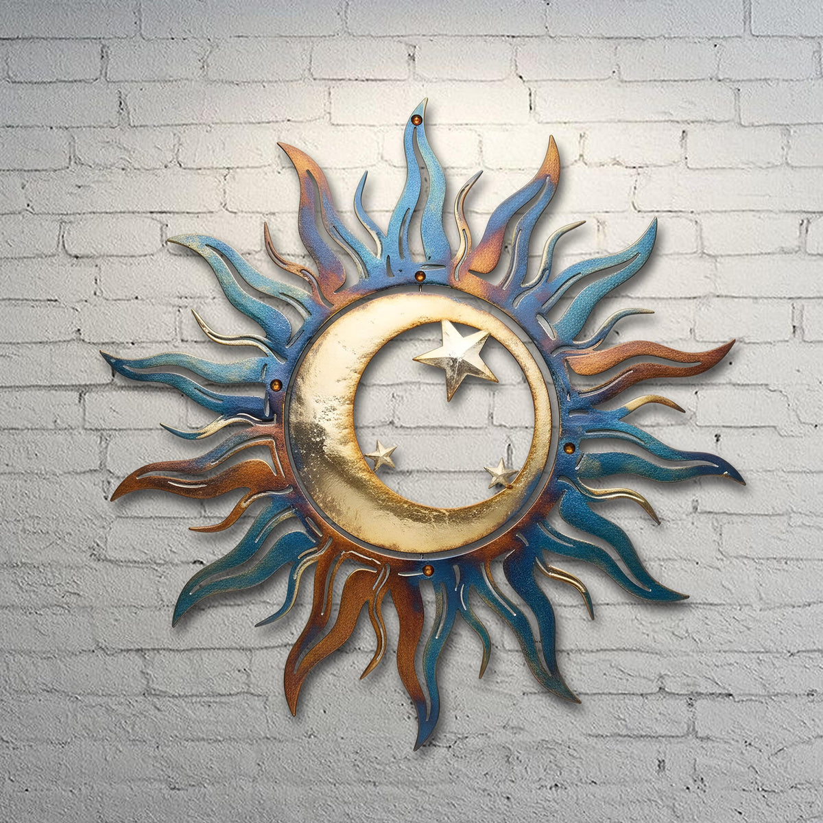 Celestial Sun Moon Metal Wall Art, Rustic Boho Garden Decor, UV Printed Aluminum Sculpture