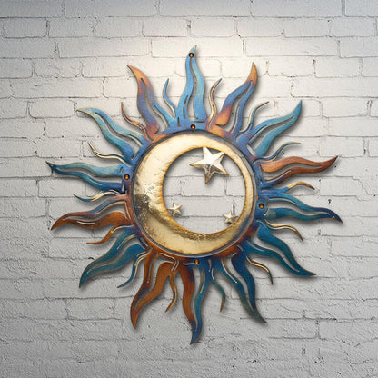Celestial Sun Moon Metal Wall Art, Rustic Boho Garden Decor, UV Printed Aluminum Sculpture