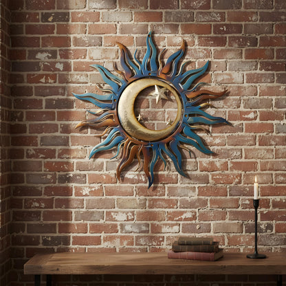 Celestial Sun Moon Metal Wall Art, Rustic Boho Garden Decor, UV Printed Aluminum Sculpture