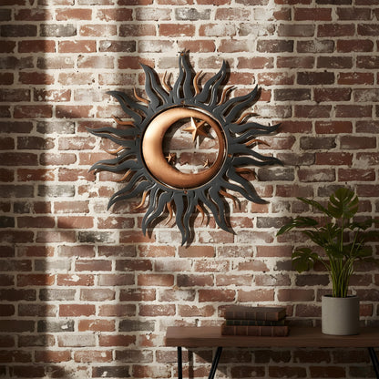 Celestial Sun Moon Metal Wall Art, Rustic Boho Garden Decor, UV Printed Aluminum Sculpture