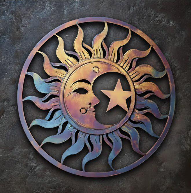 Celestial Sun Moon Metal Wall Art, UV Printed Aluminum Garden Decor