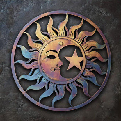 Celestial Sun Moon Metal Wall Art, UV Printed Aluminum Garden Decor