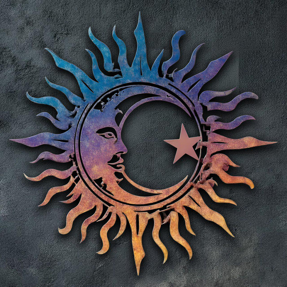 Celestial Sun Moon Metal Wall Art, UV Printed Aluminum Garden Decor
