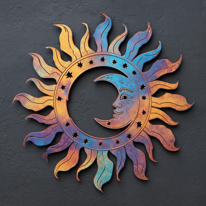 Celestial Sun Moon Metal Wall Art, UV Printed Aluminum Garden Decor