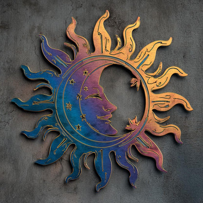 Celestial Sun Moon Metal Wall Art, UV Printed Aluminum Garden Decor