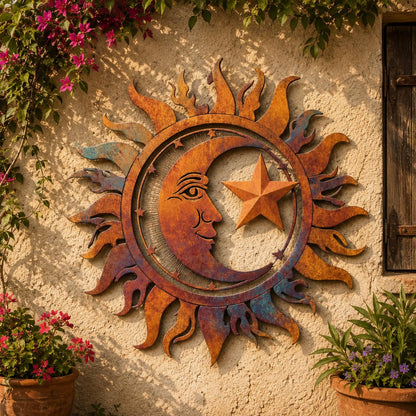 Celestial Sun Moon Metal Wall Art, UV Printed Aluminum Garden Decor